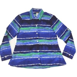 Tommy Bahama Shirt Size XS Blue Green White Watercolor Look Stripe Button Front